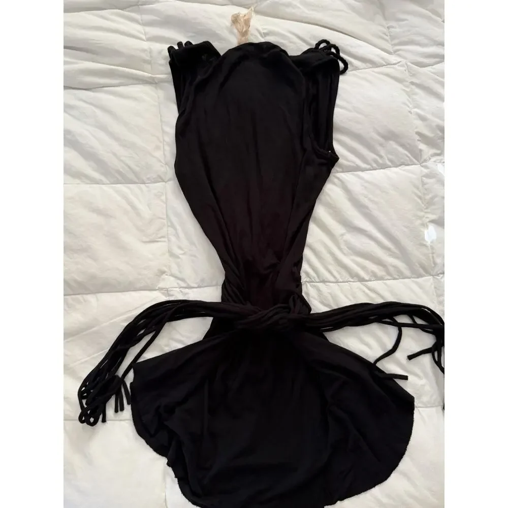 Anthropologie Bailey 44‎ Vintage Y2K Black Jersey Wrap Rope Boho Mini Dress Moto